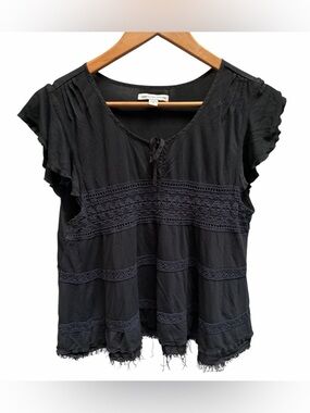 American Eagle Dark Grey Lace-Trim Flutter Sleeve Bohemian Top Size M